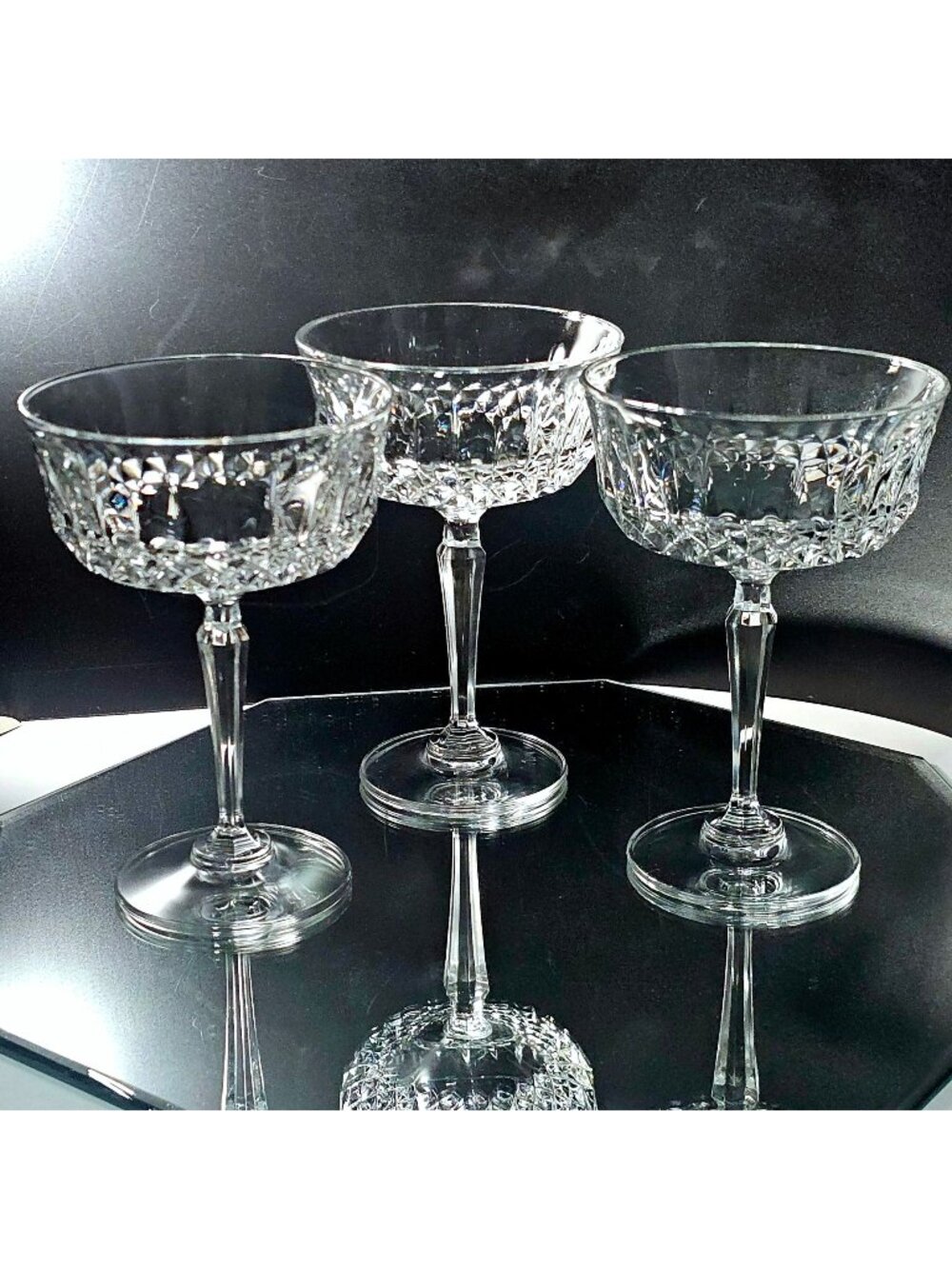 3 Toscany Elite Champagne Coupes 5.5" cut glasses retro elegance fine crystal